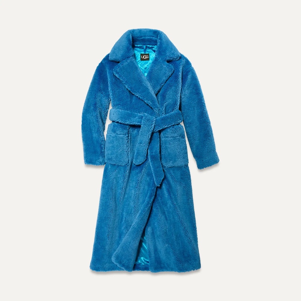 UGG Long Plush Teddy Coat in Vibrant Blue